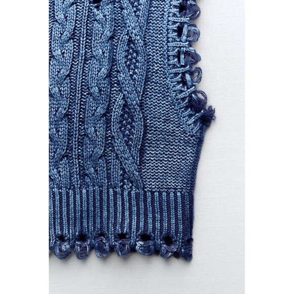 NWT Zara blue cable knit cropped metallic vest sleeveless sweater, S - Picture 8 of 12